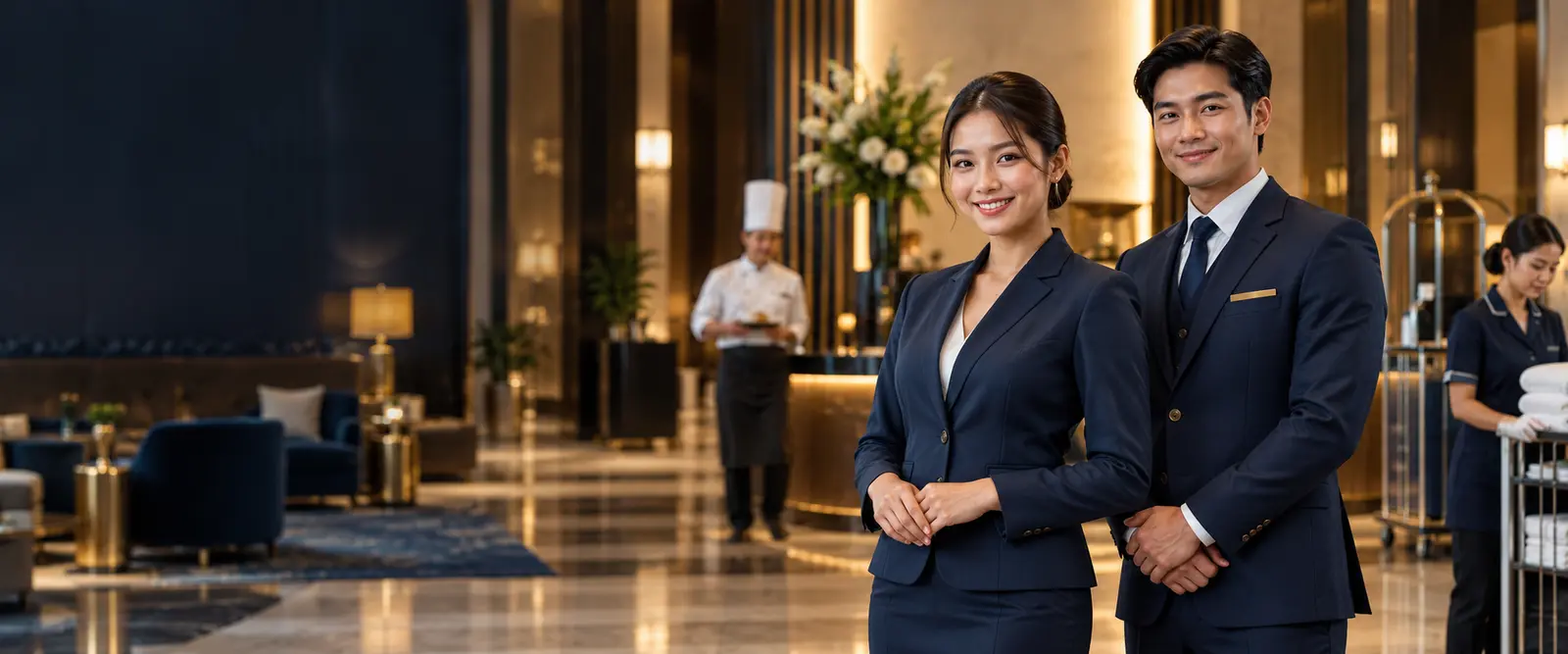 Thai hotel professionals in navy uniforms